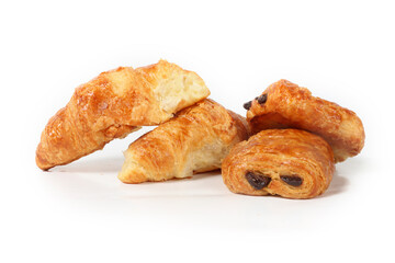 Assortment of French pastries, including croissants, pain au chocolat, isolated on a white...