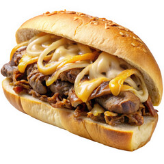 Delicious beef sandwich with melted cheese and grilled onions on a sesame seed bun, perfect for a hearty meal.