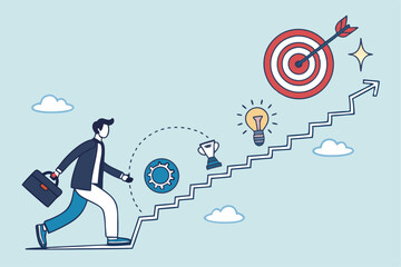 Strategy development, business improvement planning, success checklist or aspiration to growing business, career growth, checklist to success management concept, businessman walk up strategy stair.