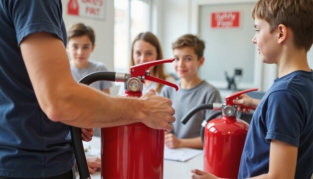 Young diverse students attentively learning about fire safety with a fire extinguisher in a classroom setting, educational concept of safety training or school programs