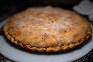 Topview of a fishpie, meatpie, pie