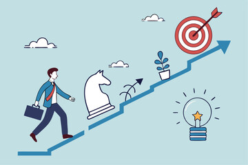 Strategy development, business improvement planning, success checklist or aspiration to growing business, career growth, checklist to success management concept, businessman walk up strategy stair.