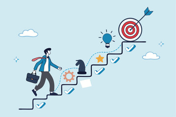 Strategy development, business improvement planning, success checklist or aspiration to growing business, career growth, checklist to success management concept, businessman walk up strategy stair.