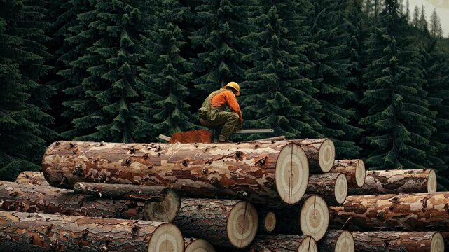 A logger in an orange jacket and helmet works atop stacked logs in a forest. Low-angle shot emphasizes the scale. Video captures rugged outdoor labor.