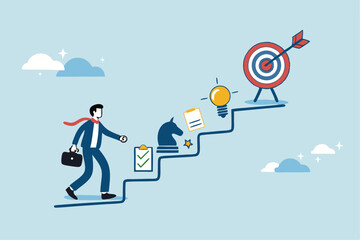 Strategy development, business improvement planning, success checklist or aspiration to growing business, career growth, checklist to success management concept, businessman walk up strategy stair.
