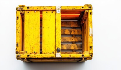 Overhead View of Empty Weathered Yellow Wooden Crate on White Background