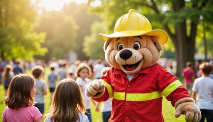 Cheerful cartoon bear mascot in firefighter uniform interacting with children in sunny park setting, community engagement and Firefighters Day concept of entertainment or event