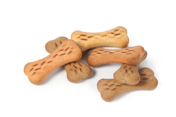 Dog bone-shaped biscuits on a white background. Crunchy and tasty treats for pets, perfect for training or rewarding