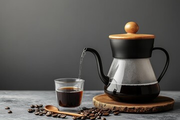 Elegant Coffee Brewing Scene with Dark Glass and Wooden Accents