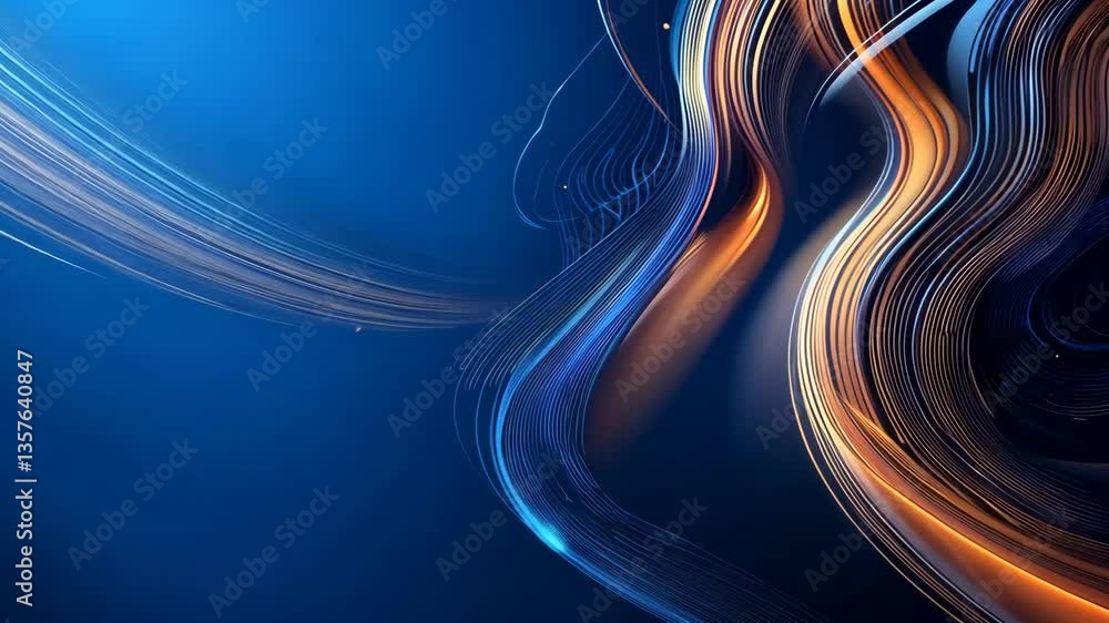 Poster abstract digital artwork with flowing light trails and glowing particle effects against deep blue ba