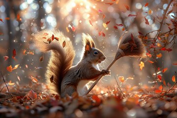 Whimsical squirrel diligently sweeps autumn leaves with a tiny broom in magical, sunlit forest.
