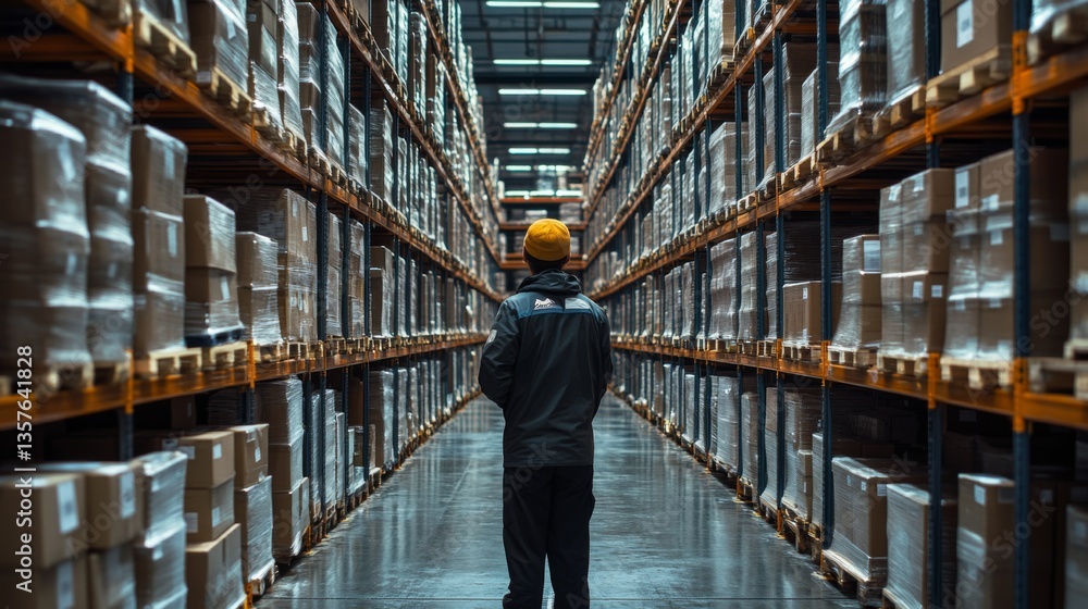 Poster A worker stands between rows of neatly organized shelves filled with boxes, checking inventory within a bustling logistics distribution hub.