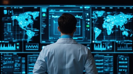 Telemedicine virtual and security, A scientist analyzes data on a large digital screen, featuring global maps and various graphs in a high-tech environment.
