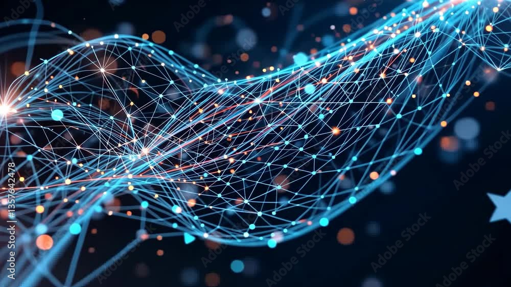 Canvas Prints abstract digital network wave with glowing blue and orange dots and star shapes on dark background