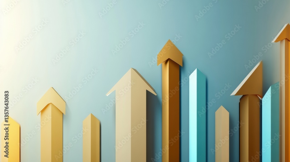 Leinwandbilder modern business background with layered paper cut bar charts and upward arrows in gold and blue colo