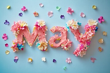 Colorful floral may letters on soft blue background with paper flowers