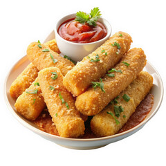 Delicious golden crispy cheese sticks served with a tangy dipping sauce and garnished with fresh herbs.
