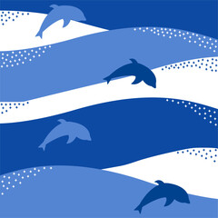 Las blancas y azules olas del mar con los delfines y las estrellas