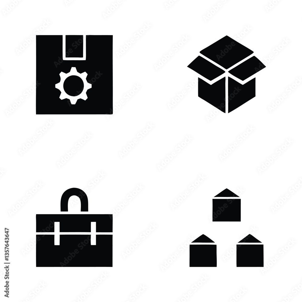 Poster black package delivery, toolbox, warehouse, and open box icon set – minimal vector design for logist