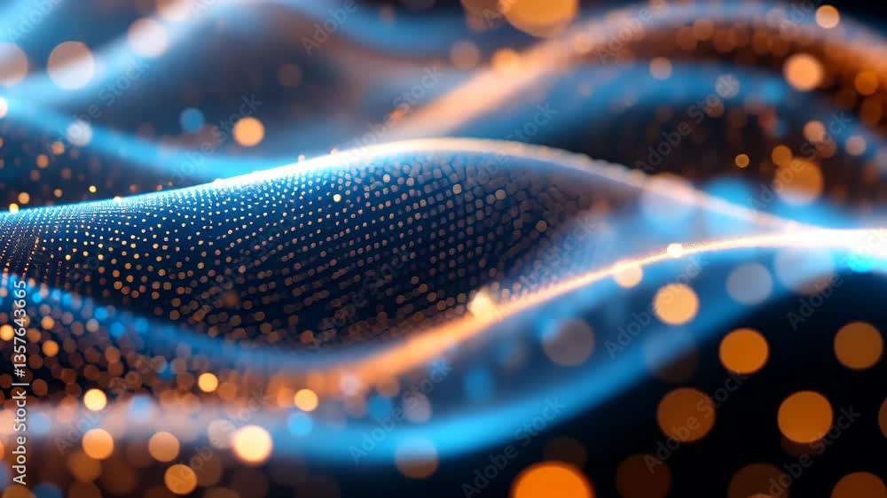 Poster abstract digital waves with blue and orange particles on dark background with bokeh effect