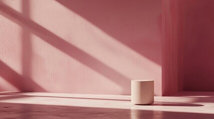 Minimalist, cream cylinder pedestal in a sunlit, pink room