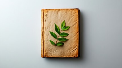 An elegant composition featuring a brown textured book with a green leaf placed atop, evoking tranquility and a love for nature.