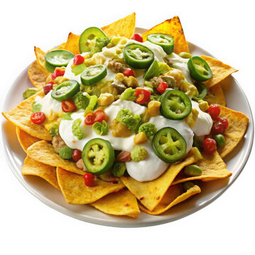 A vibrant plate of nachos topped with fresh vegetables, jalape&ntilde;os, and creamy sour cream, showcasing a delightful mix of colors and textures.