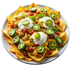 A vibrant plate of nachos topped with jalapeños, sour cream, and fresh vegetables, creating an...