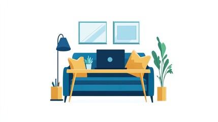Cozy Home Office Setup: Laptop on Sofa, Plants, and Modern Decor