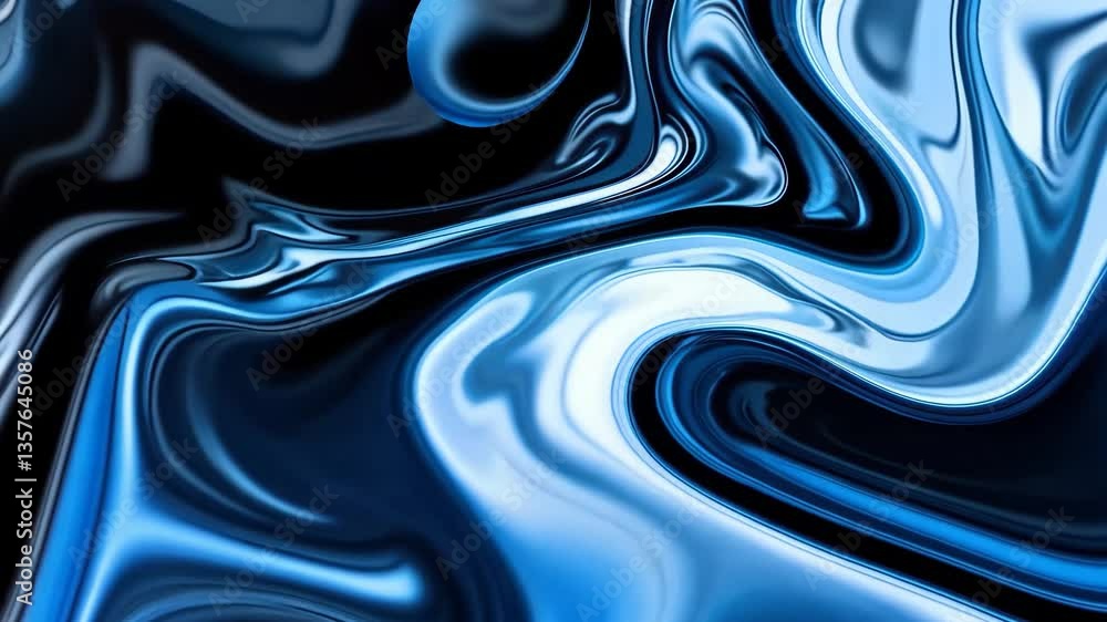 Poster abstract fluid artwork with blue and white swirling patterns on black background creating depth