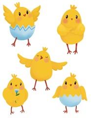 Adorable Baby Chicks A cute collection of baby chicks in playful poses, some hatching from eggs
