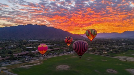 Colorful hot air balloons float over a golf course at sunrise