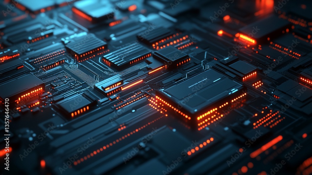 Poster complex circuit board with glowing components. detailed close-up view of intricate electronic pathwa