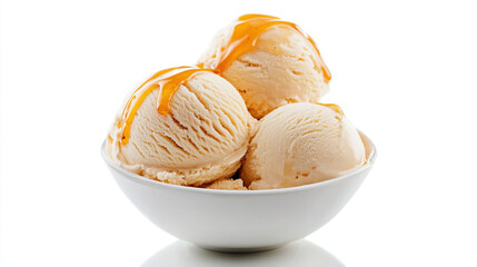 Creamy vanilla ice cream scoops in a bowl, drizzled with caramel