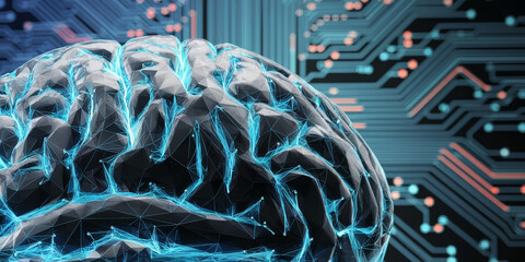 Abstract polygonal brain model with glowing blue lines, set against a circuit board background.  Represents artificial intelligence, neural networks, and technological advancement