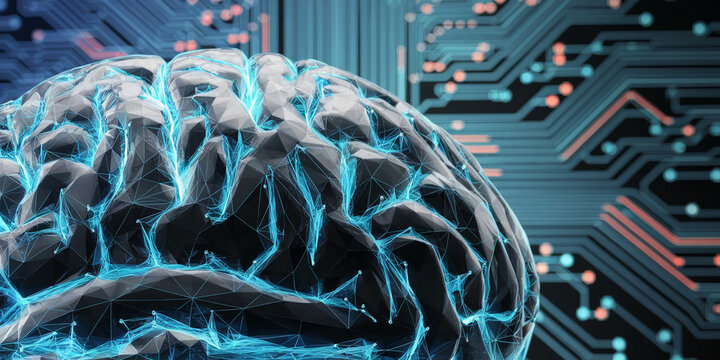 Abstract polygonal brain model with glowing blue lines, set against a circuit board background.  Represents artificial intelligence, neural networks, and technological advancement