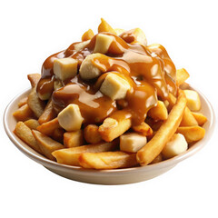 Delicious poutine featuring golden fries topped with rich gravy and chunks of cheese curds, served in a white bowl.