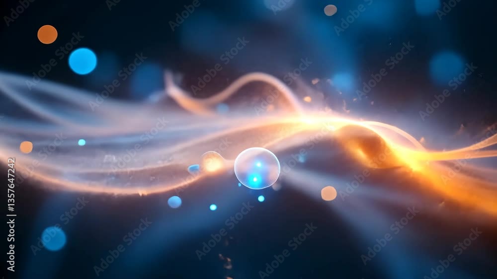 Aufkleber abstract glowing particles flowing through space with orange and blue bokeh on dark backdrop