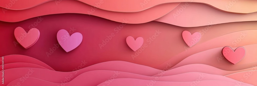 Poster romantic layered paper cut background with floating hearts in soft red and pink gradients generative