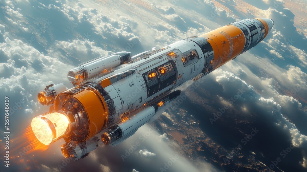 Poster a rocket is ascending with its engines ignited, releasing flames and smoke as it embarks on a space 