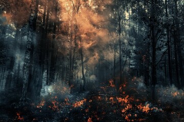 Fototapeta premium Intense forest fire transforming dramatic landscape with smoke and flames