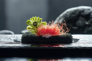 Artistic culinary presentation: delicate green leaf and red algae atop black caviar-like base on a dark slate plate, showcasing gourmet elegance.