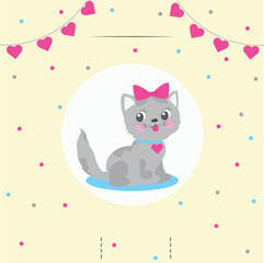 Background, template, invitation for a girl's first birthday with a cat with a pink bow, confetti and a heart