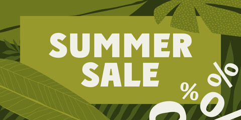 Template for summer sale. Tropical leaves, for flyers, banners, advertising