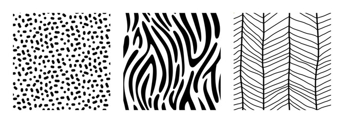 Collection seamless patterns with variety abstract shapes in hand drawn style. Illustrations with dots, lines, stripes, and strokes in the Scandinavian style. Vector