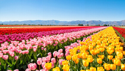Vibrant tulip field in full bloom under clear blue sky, nature's beauty