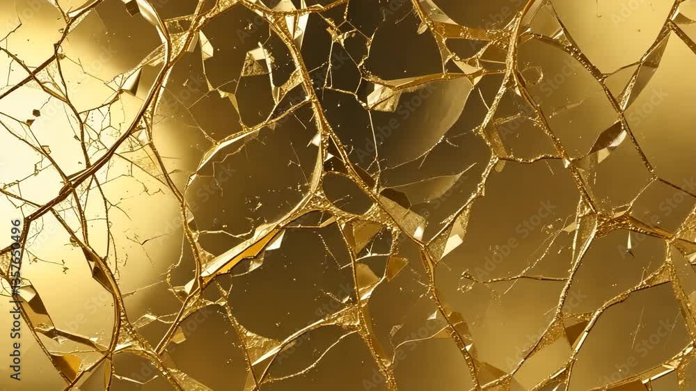 Poster abstract golden cracked glass surface with web pattern illuminated with warm lighting