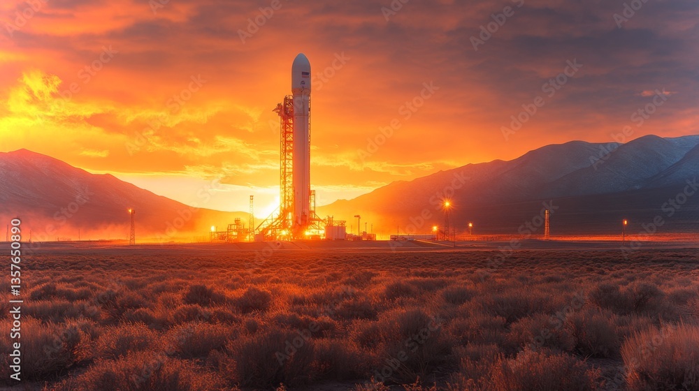 Poster Rocket stands ready for launch against a vibrant sunset sky, igniting its engines as it prepares to embark on a spaceflight mission from a remote launch site surrounded by mountains.