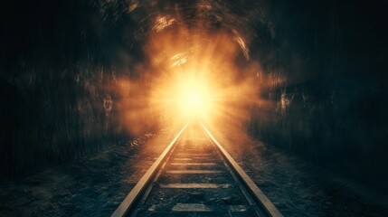 Naklejka premium Dark tunnel with train tracks leading to bright light