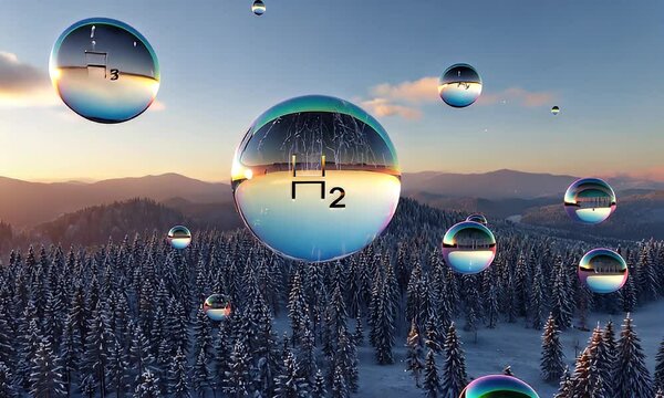 Futuristic depiction of hydrogen molecules floating above a snowy, mountainous, natural environment.